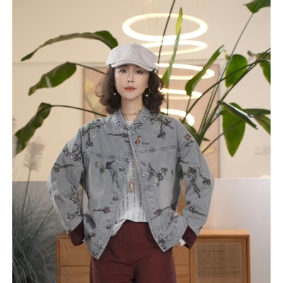 Y【叭哒不惑】彩蝶 港风气质刺绣长袖牛仔外套百搭宽松复古上衣