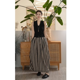 Y【叭哒不惑】亚麻夏季高腰显瘦条纹半身裙百搭复古长裙