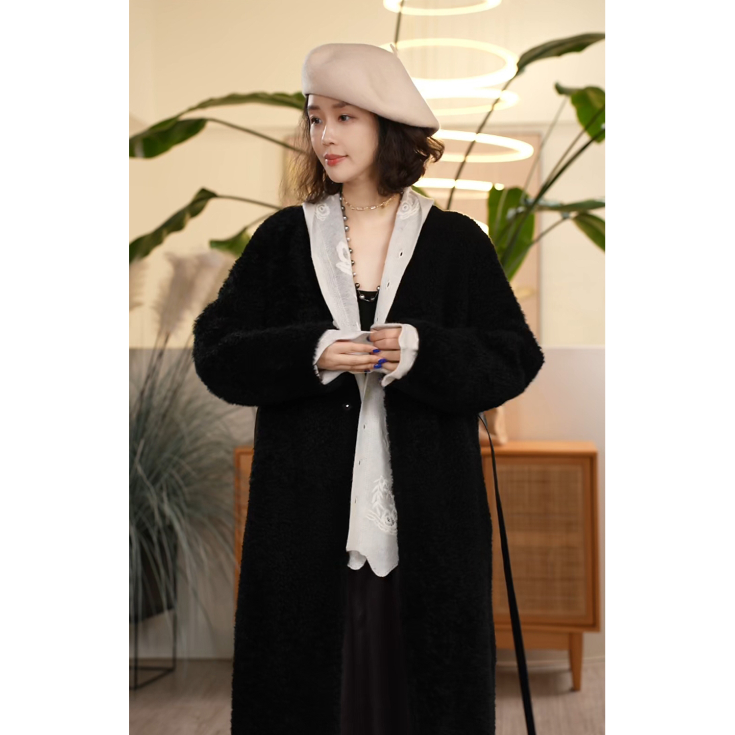 羊毛羊皮中长款oversize风