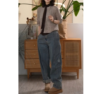 Y【叭哒不惑】松垮裤 棉复古水洗弯刀高腰阔腿显瘦牛仔裤长裤百搭