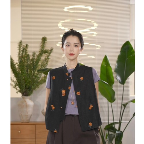 X【叭哒不惑】晚柿风 桑蚕丝香云纱龟裂纹蜀锦圆领双面穿无袖马甲