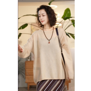 桑蚕丝羊绒圆领简约针织衫 雪芙 女宽松慵懒毛衣 叭哒不惑