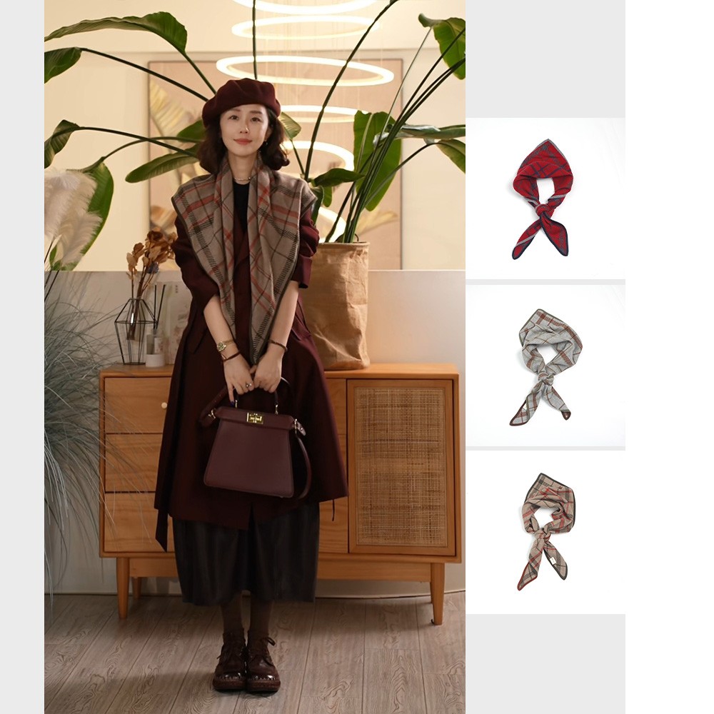 Y【叭哒不惑】山羊绒格子三角围巾女复古百搭舒适围脖