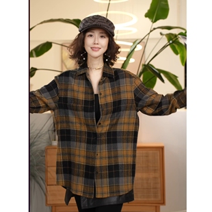 X【叭哒不惑】羊毛翻领复古格子衬衫女休闲宽松百搭上衣