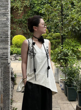 X【叭哒不惑】黑玫瑰 桑蚕丝刺绣气质V领无袖百搭马甲上衣