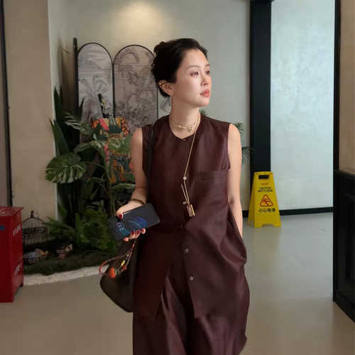 Y【叭哒不惑】古檀上 桑蚕丝红云纱复古无袖圆领简约百搭马甲上衣
