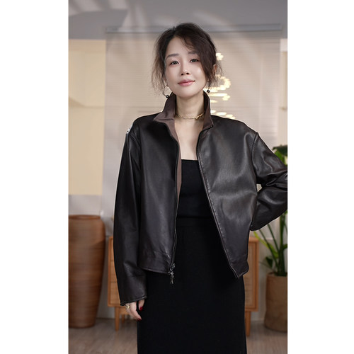 Y【叭哒不惑】骄傲 绵羊皮复古高级宽松时尚休闲气质皮衣外套女