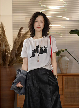 Y【叭哒不惑】猫咪 桑蚕丝休闲宽松时尚猫咪印花百搭短袖T恤女