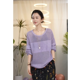 Y【叭哒不惑】浅夏 亚麻镂空宽松针织衫女气质慵懒百搭上衣时髦