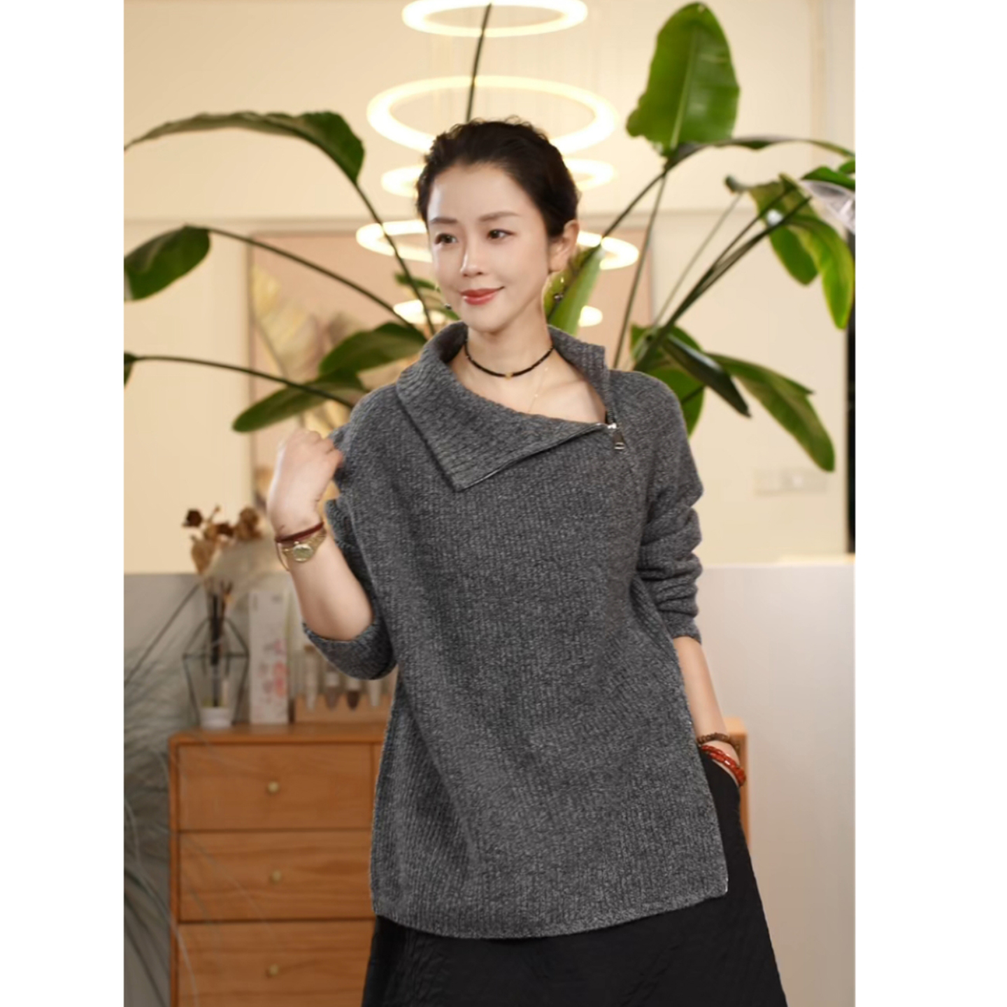 Y【叭哒不惑】大表姐 羊毛针织半高领纯色秋冬慵懒斜边拉链款衬衣