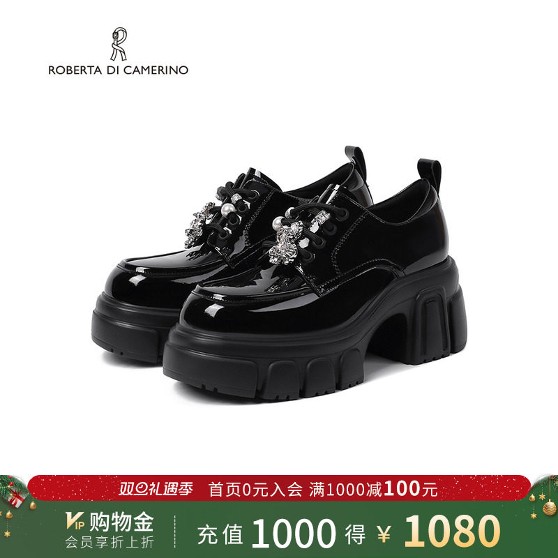 诺贝达秋季新款乐福鞋山茶花厚底水钻扣饰小皮鞋通勤女鞋RS266106