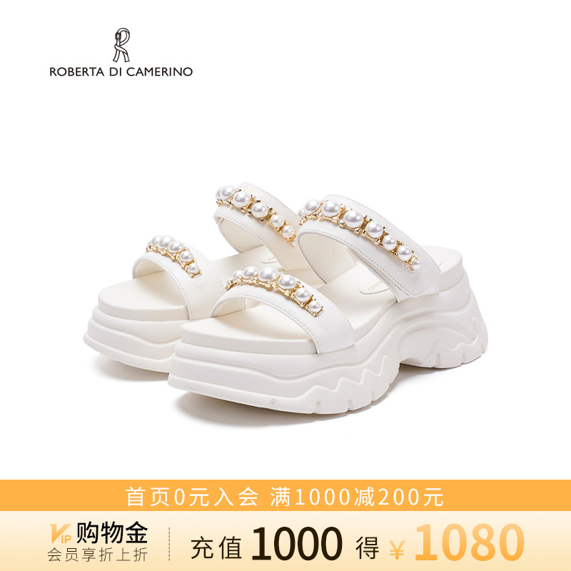 诺贝达珍珠沙滩凉鞋新款夏季露趾厚底松糕鞋百搭凉拖女RM256005