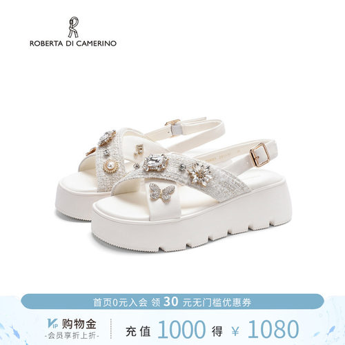 诺贝达夏季厚底水钻蝴蝶结凉鞋