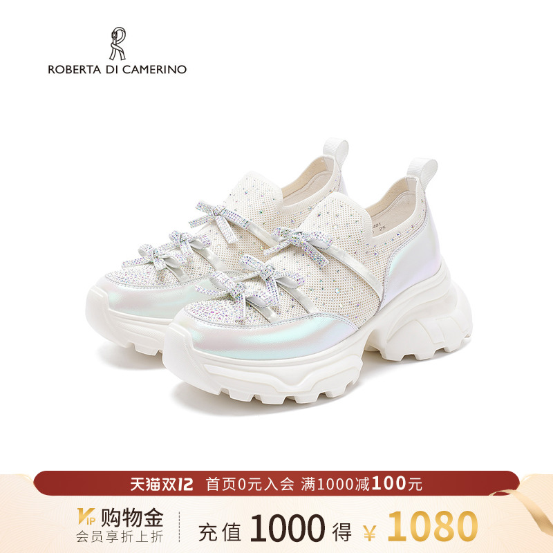 诺贝达幻彩水钻老爹鞋厚底内增高鞋蝴蝶结休闲运动鞋女RCL255401