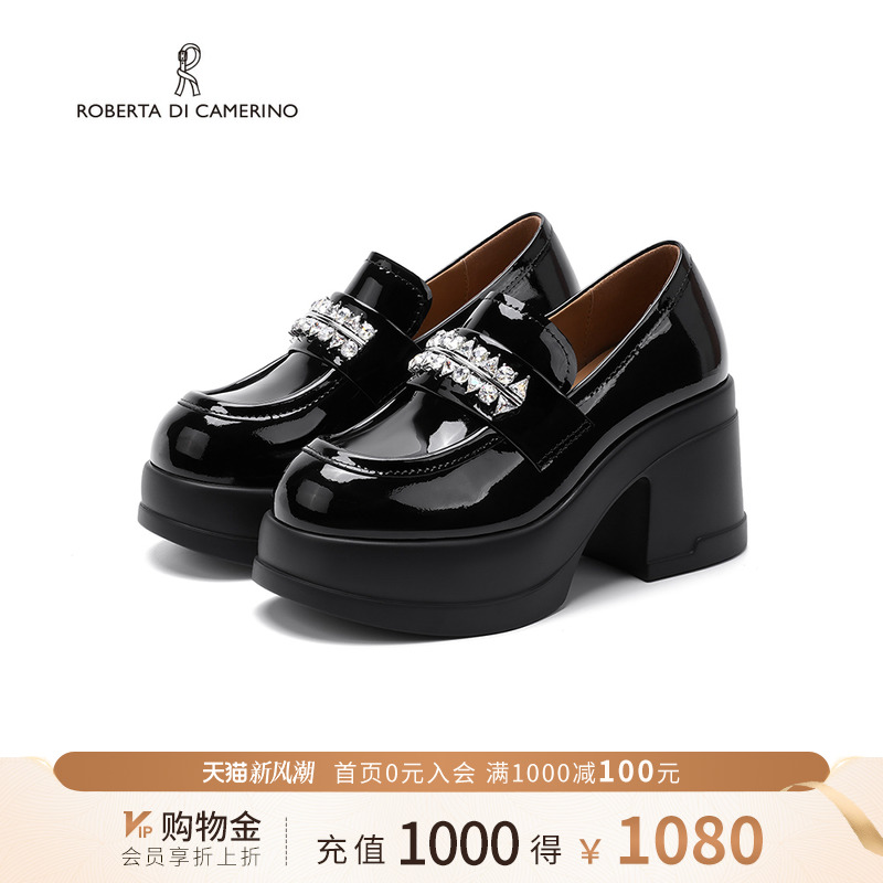 诺贝达厚底乐福鞋玛德琳英伦风女鞋水钻单鞋一脚蹬小皮鞋RL254501