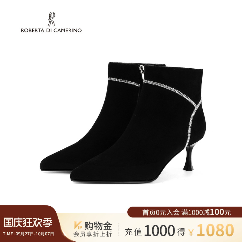 诺贝达冬季新款时装靴气质简约水钻细高跟百搭羊反绒女鞋RA247622