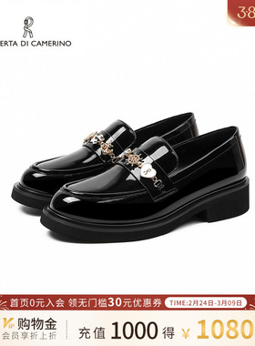 诺贝达2025春新款粗跟英伦风乐福鞋圆头白色小皮鞋女士RS257005