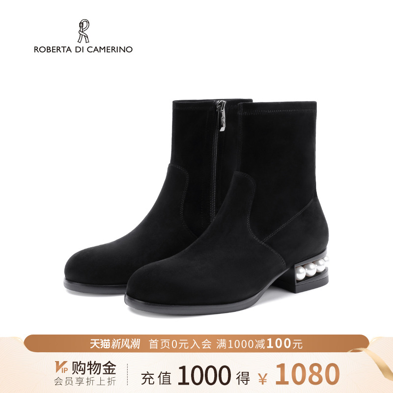 诺贝达新款圆头时装靴百搭显瘦显瘦短靴冬季珍珠粗跟女靴RA255508