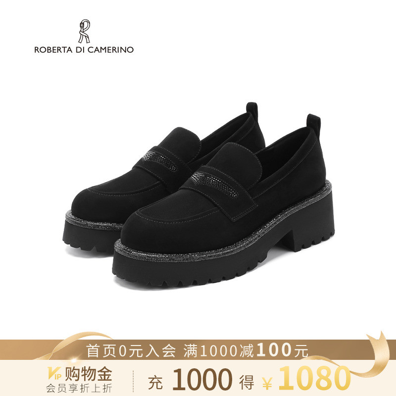 诺贝达新款乐福鞋水钻丝绒黑巧小皮鞋高休闲鞋时尚单鞋女RL258210