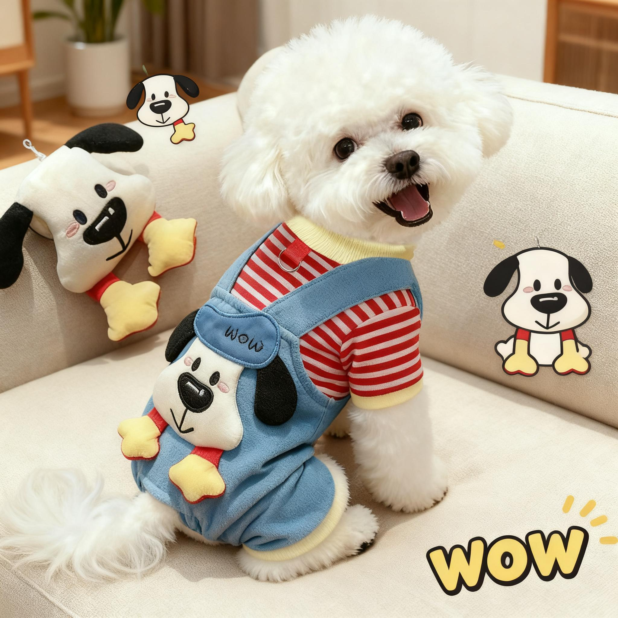 狗狗衣服秋冬新款背带比熊泰迪博美卡通条纹可牵引猫咪保暖四脚衣