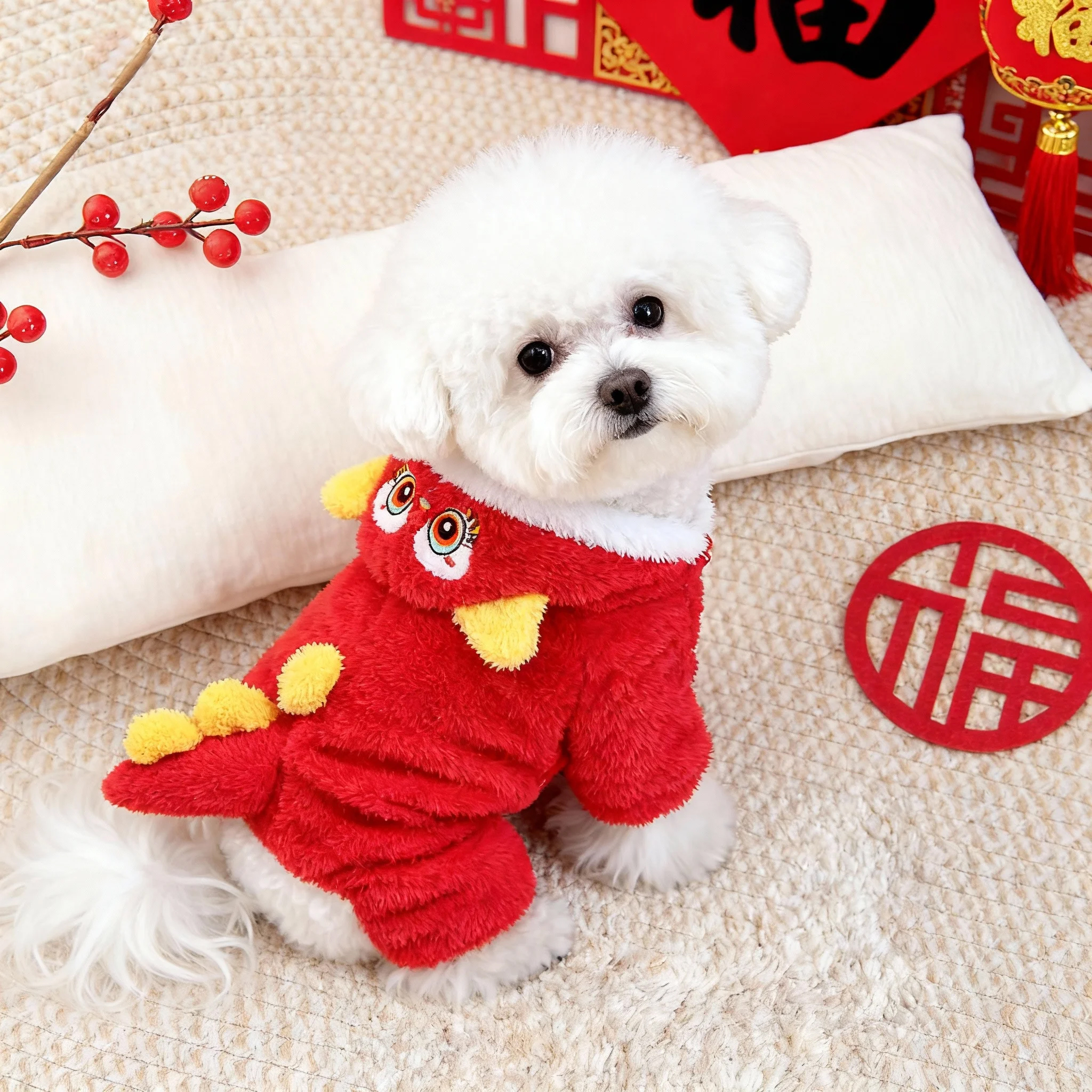 新年狗狗衣服冬季保暖泰迪比熊博美小型犬宠物猫咪过年牵引四脚衣