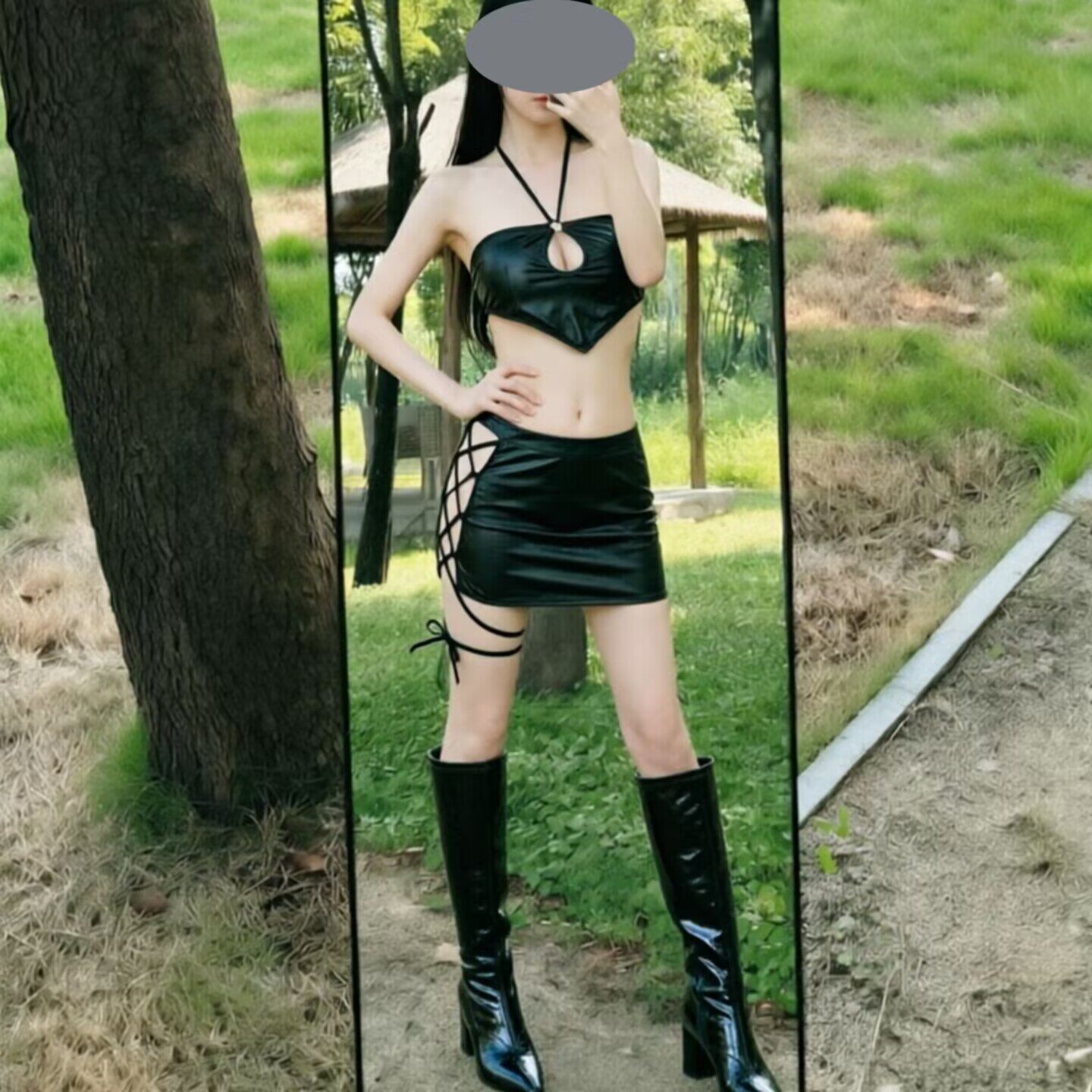 性感漆皮挂脖绑带晨袍内衣qqny女