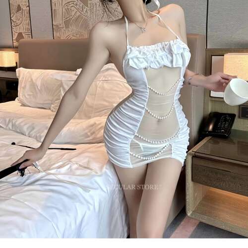 性感透视挂脖弟兄睡裙晨袍女珍珠