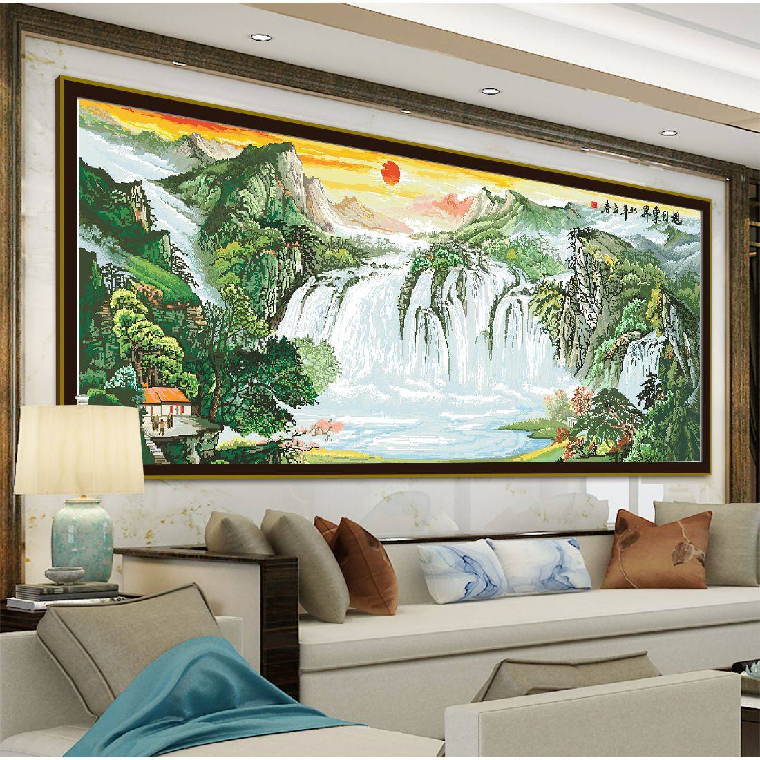 新款山水画流水生财旭日东升全景十字绣客厅装饰大幅风景手工刺绣,居家布艺,十字绣套件,淘宝优惠券,粉丝福利购,淘宝优惠卷