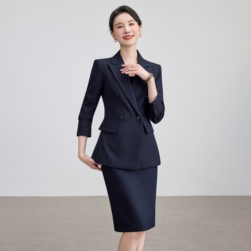 商务风职业西装套装女款长袖深蓝色双排扣两件套ol风面试工作服