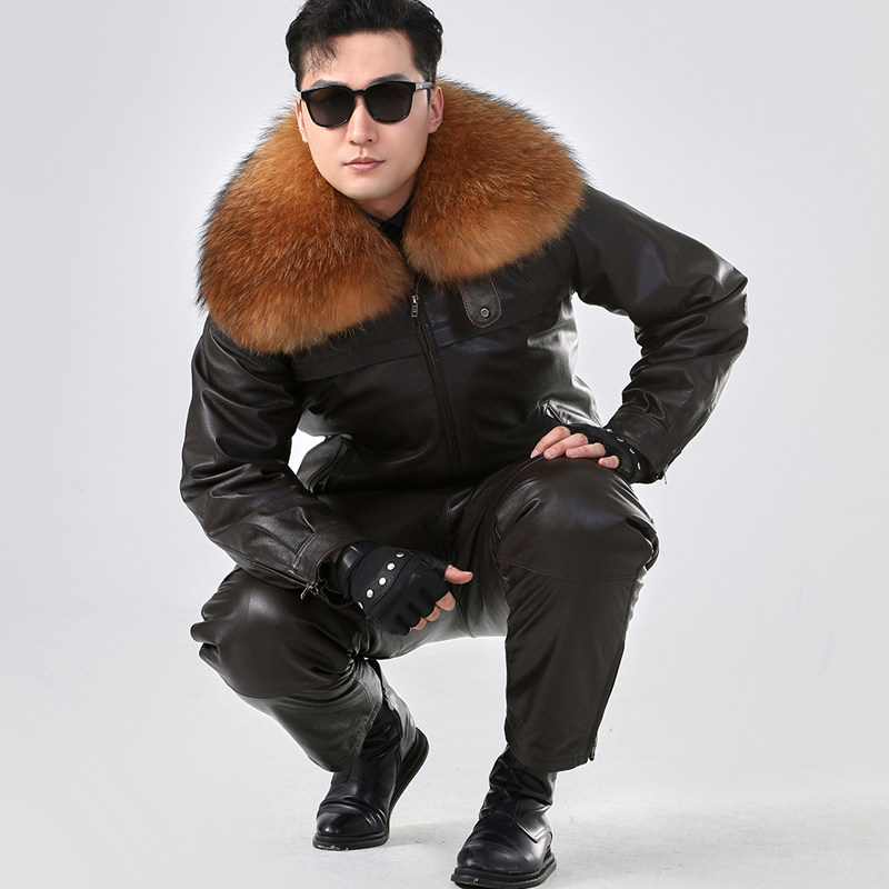 牛皮皮衣皮裤套装貉毛领