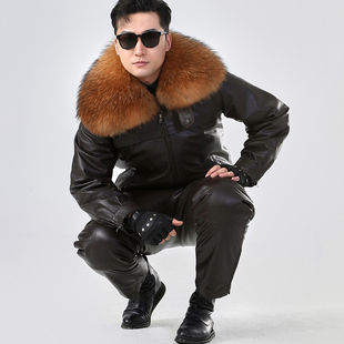 真皮皮衣皮裤 男复古机车牛皮飞行员皮夹克金狸貂皮毛一体内胆 套装