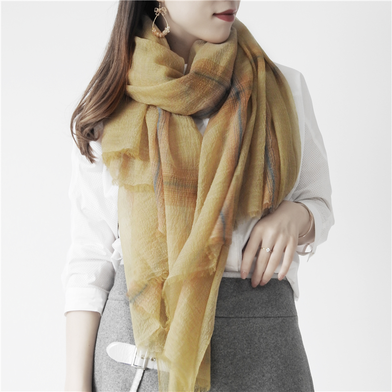 轻薄款300支微皱感黄绿羊毛围巾