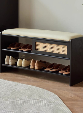 实木换鞋凳家用门口黑色可坐式穿鞋凳长条凳入户门鞋架坐凳一体