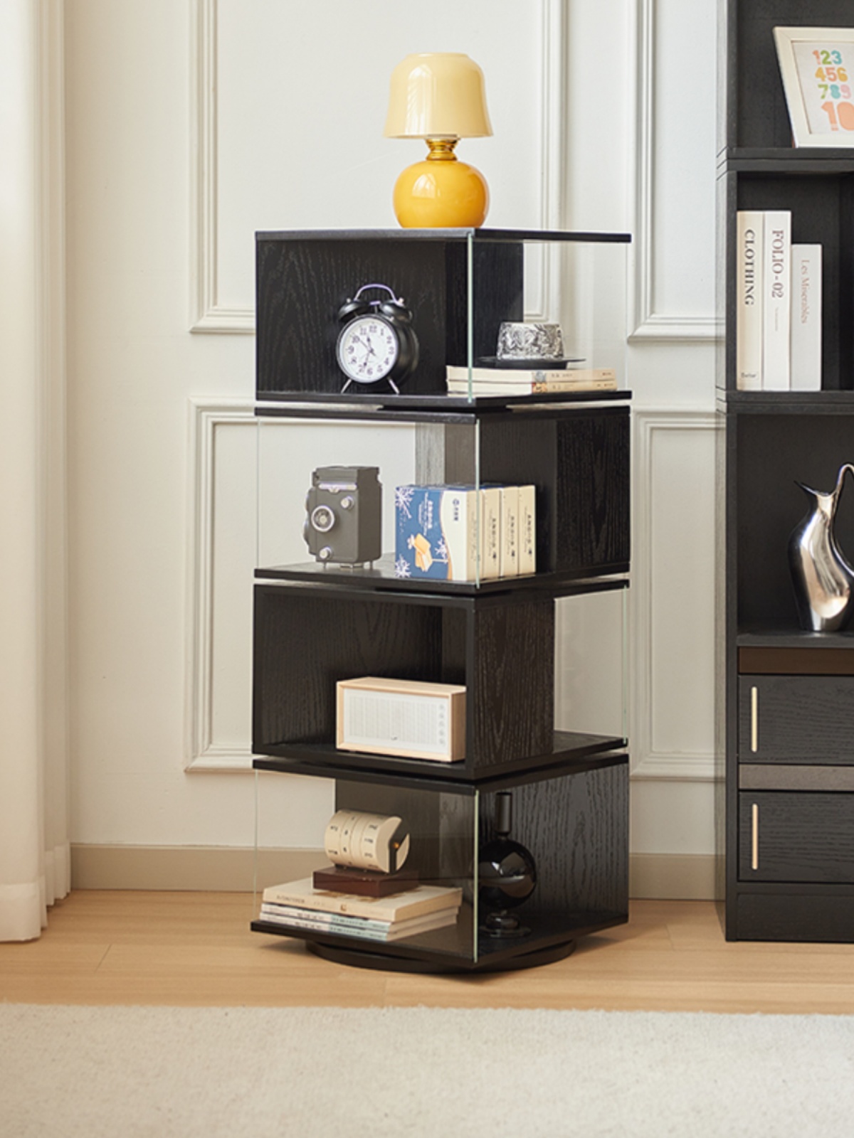 北欧实木旋转边几家用多功能收纳柜客厅落地置物架玻璃手办展示柜