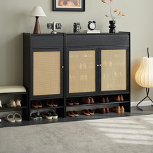 日式实木鞋柜家用门口大容量收纳柜黑色入户玄关柜一体藤编储物柜