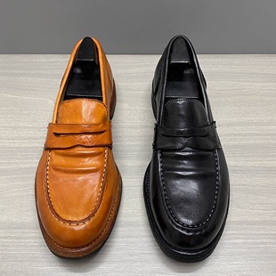 狠货 进口马皮重工水洗工艺商务休闲皮鞋男耐磨底缝制上线乐福鞋