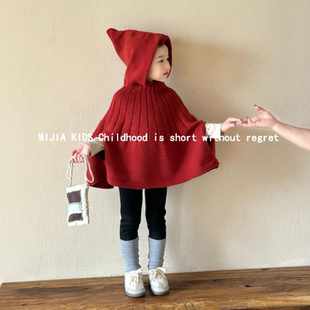 韩版童装女童红色斗篷毛衣2024秋冬季款中小童宝宝圣诞连帽针织衫