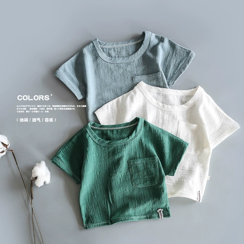 Японская ретро детская хлопковая тонкая футболка, летняя бамбуковая рубашка, из хлопка и льна, короткий рукав