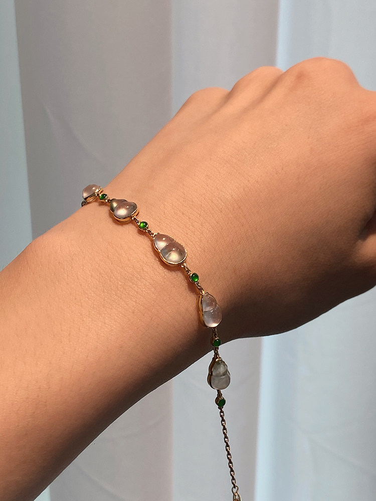 定制天然翡翠A货高冰种起光飘花葫芦手链18k金天然钻石镶嵌手饰