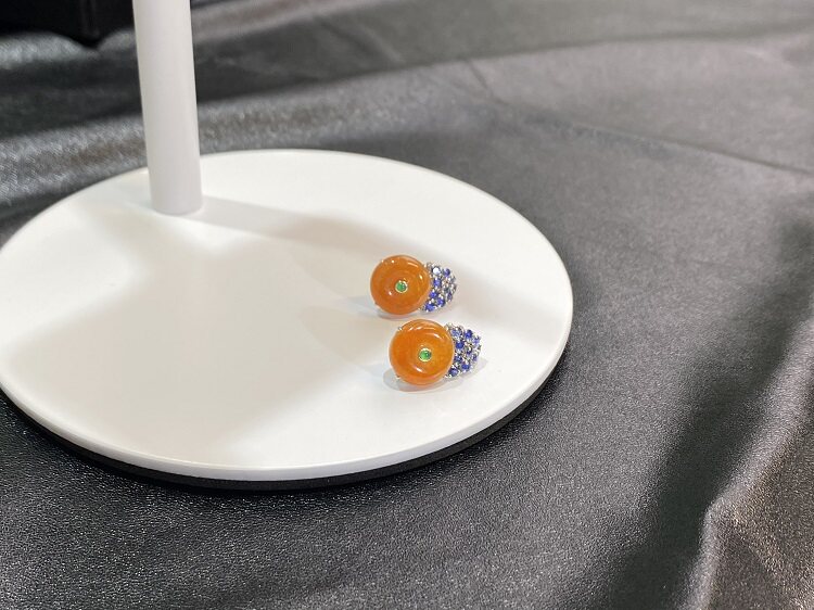现货天然翡翠A货冰黄翡平安扣耳饰耳环耳钉天然蓝宝石时尚18K金女