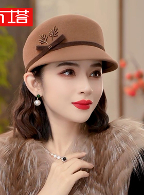 布塔秋冬季帽子女骑士帽纯羊毛定型帽礼帽羊毛呢圆顶复古时尚英伦