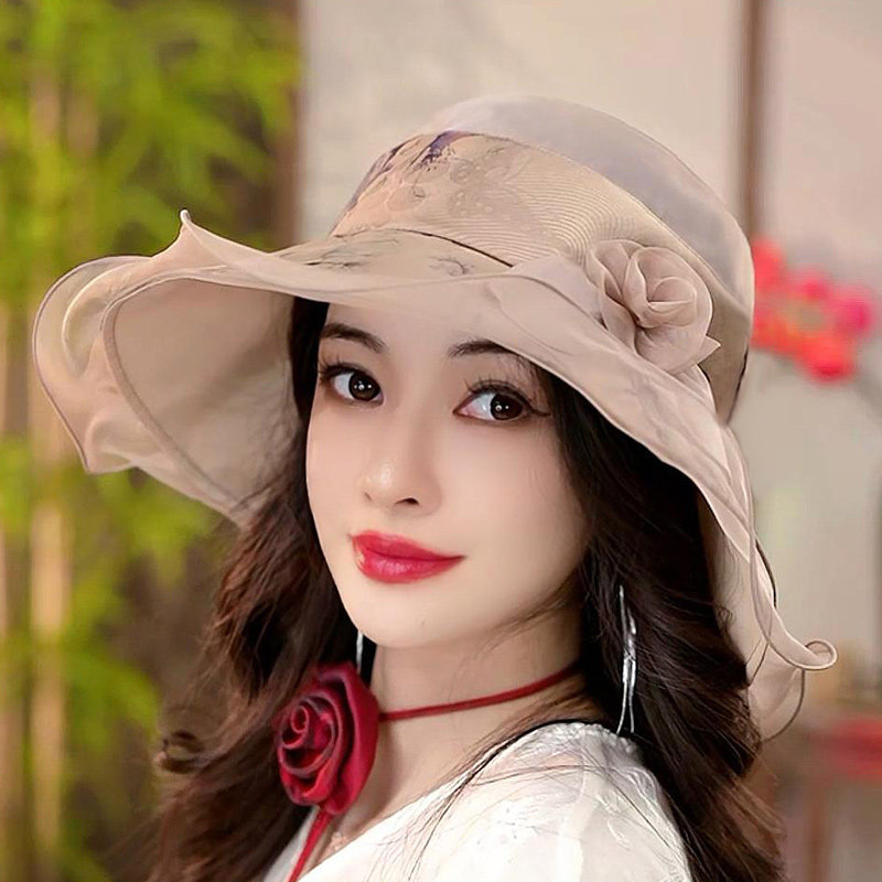 布塔春夏季防晒遮阳帽女渔夫帽气质优雅花帽子妈妈帽子桑蚕丝透气