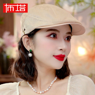 布塔真丝苎麻美式复古前进帽大头围显脸小法式贝雷帽子女款画家帽