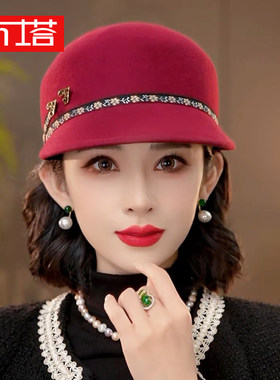 布塔秋冬季100%羊毛马术帽女士贝雷帽保暖时尚百搭复古骑士帽子