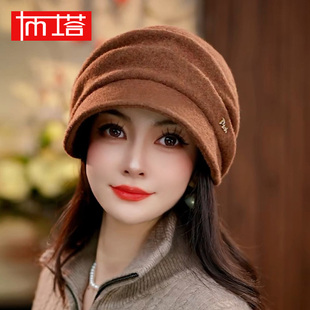 布塔羊毛鸭舌帽女秋冬百搭保暖加宽帽檐修饰脸型洋气堆堆帽PT0809