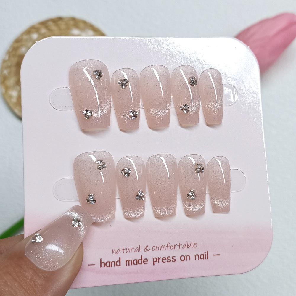 光疗手工穿戴甲裸粉色晶石猫眼美甲甲片分码10片猫眼堆钻指甲贴片
