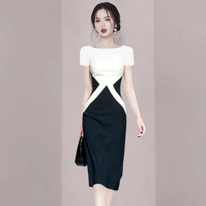 PS57928# 法式黑白拼接修身气质名媛裙子夏季新款女装高级感包臀连衣裙