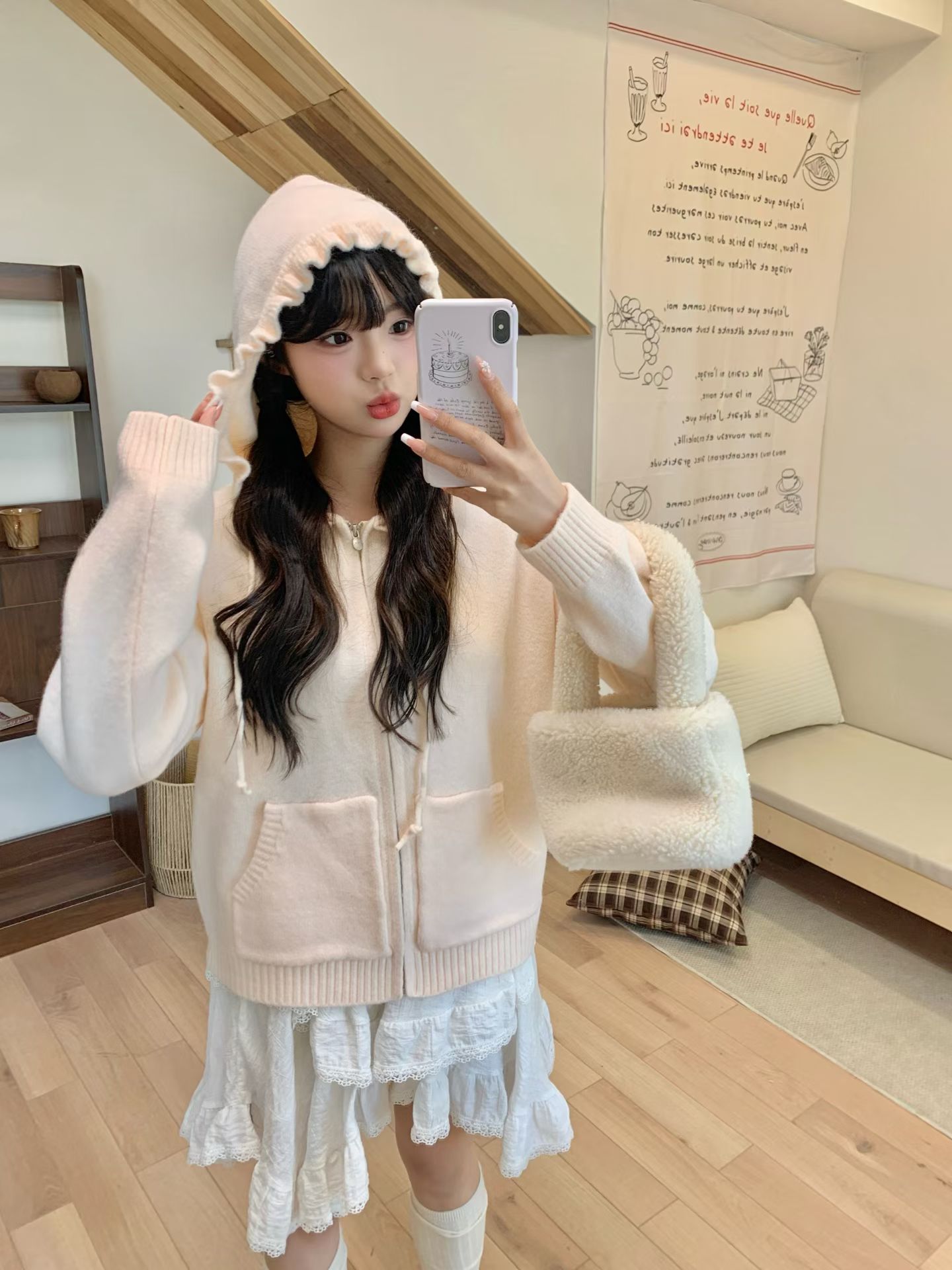 2025早春季新款粉色连帽针织开衫毛衣外套女超火慵懒风高级感上衣