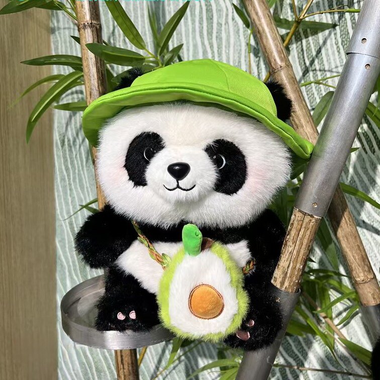 正版原创成都出游花花戴帽大熊猫牛油果苹果挎包公仔毛绒玩偶礼物