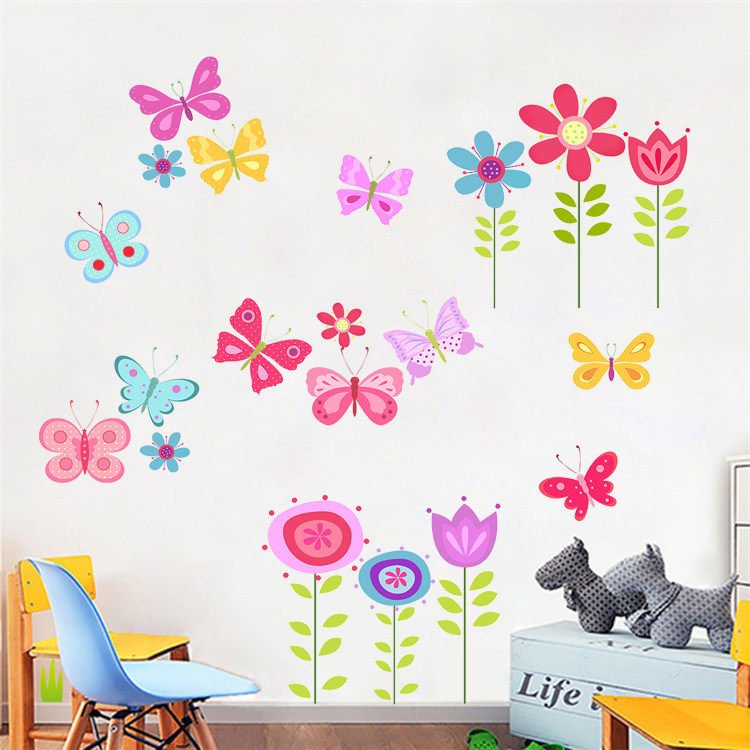 墙贴迷花香家居装饰蝴蝶花朵植物卡通壁画客厅防水儿童房卧室壁纸